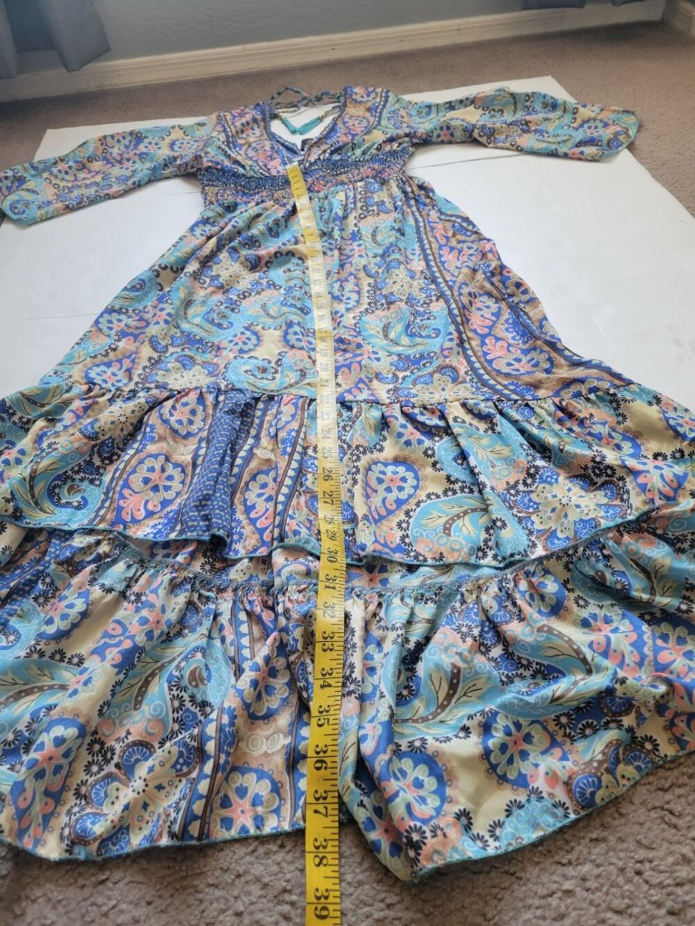 Mauni bohemian-Style dress vibrant blue paisley print smocked waist High Low - Picture 12 of 12